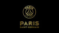 paris saint germain, black background, logo, golden letters, football team