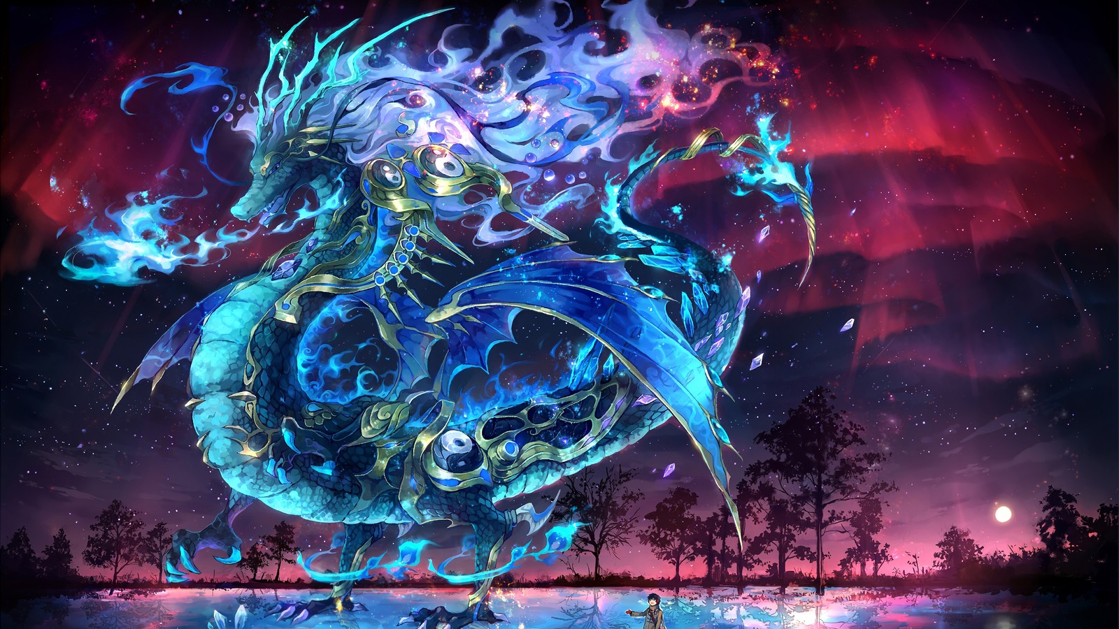 A blue dragon with a long tail and a long tail is standing in the water (fantasy, dragon, anime)