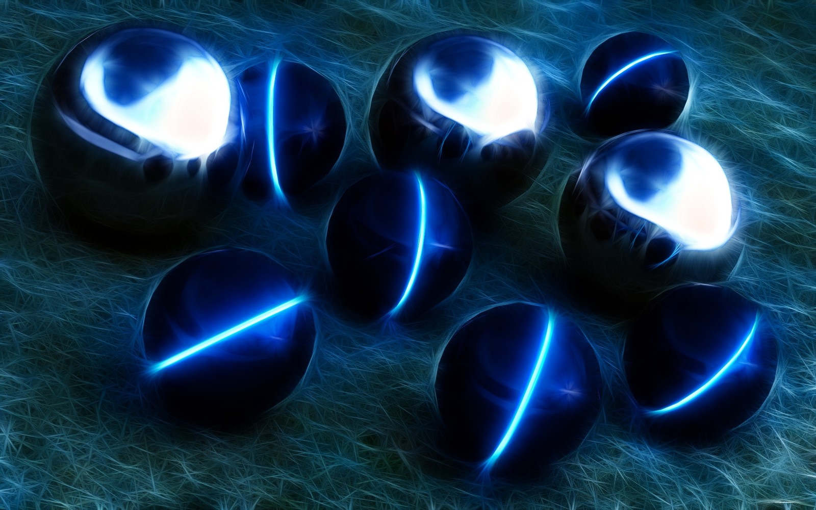 A close up of a group of shiny blue spheres on a green surface (blue, light, sphere, ball, abstraction)