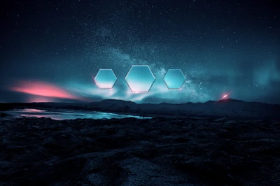 Fusão hexagonal sob uma aurora boreal estrelada