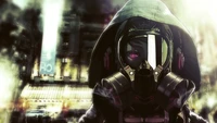 Anime Character in Hoodie and Gas Mask Amidst Urban Dystopia