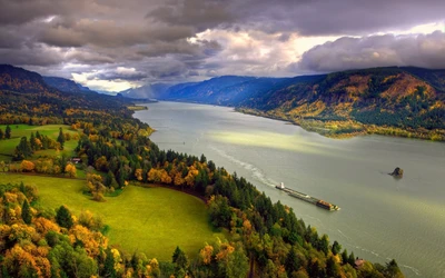 река колумбия, водопад мультномах, multnomah falls, природа, возвышенность