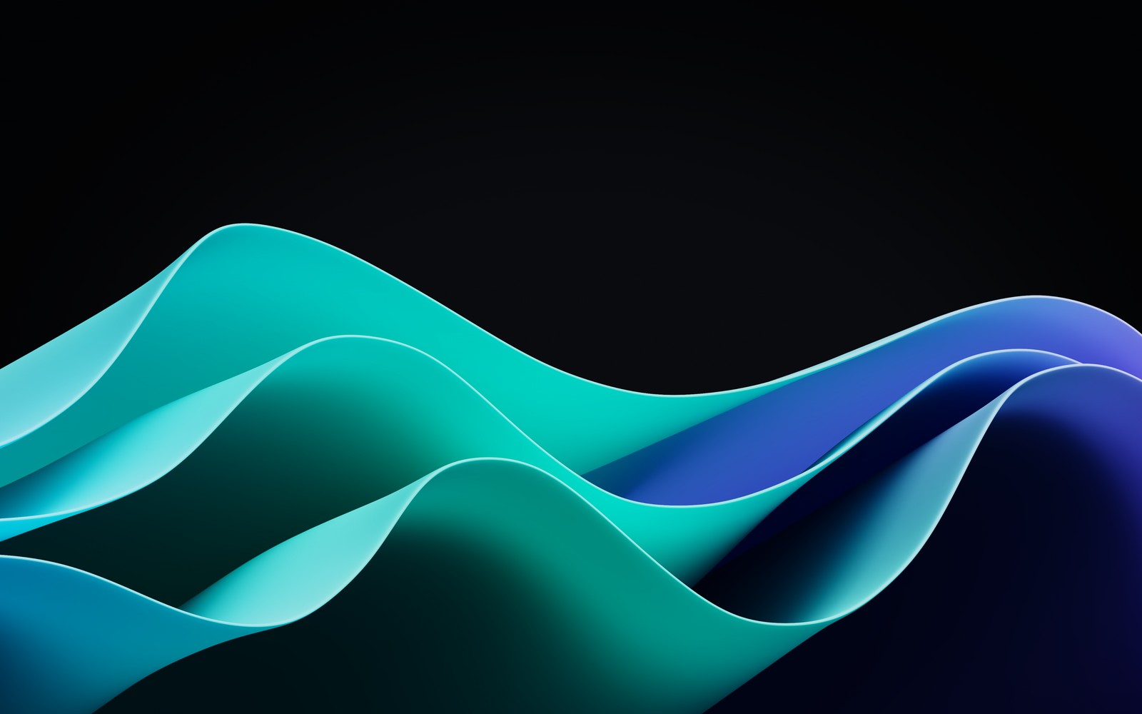 A close up of a blue and green wave on a black background (windows 11, teal, dark mode, waves, stock)