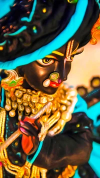 Elegant Krishna Idol Adorned in Vibrant Attire