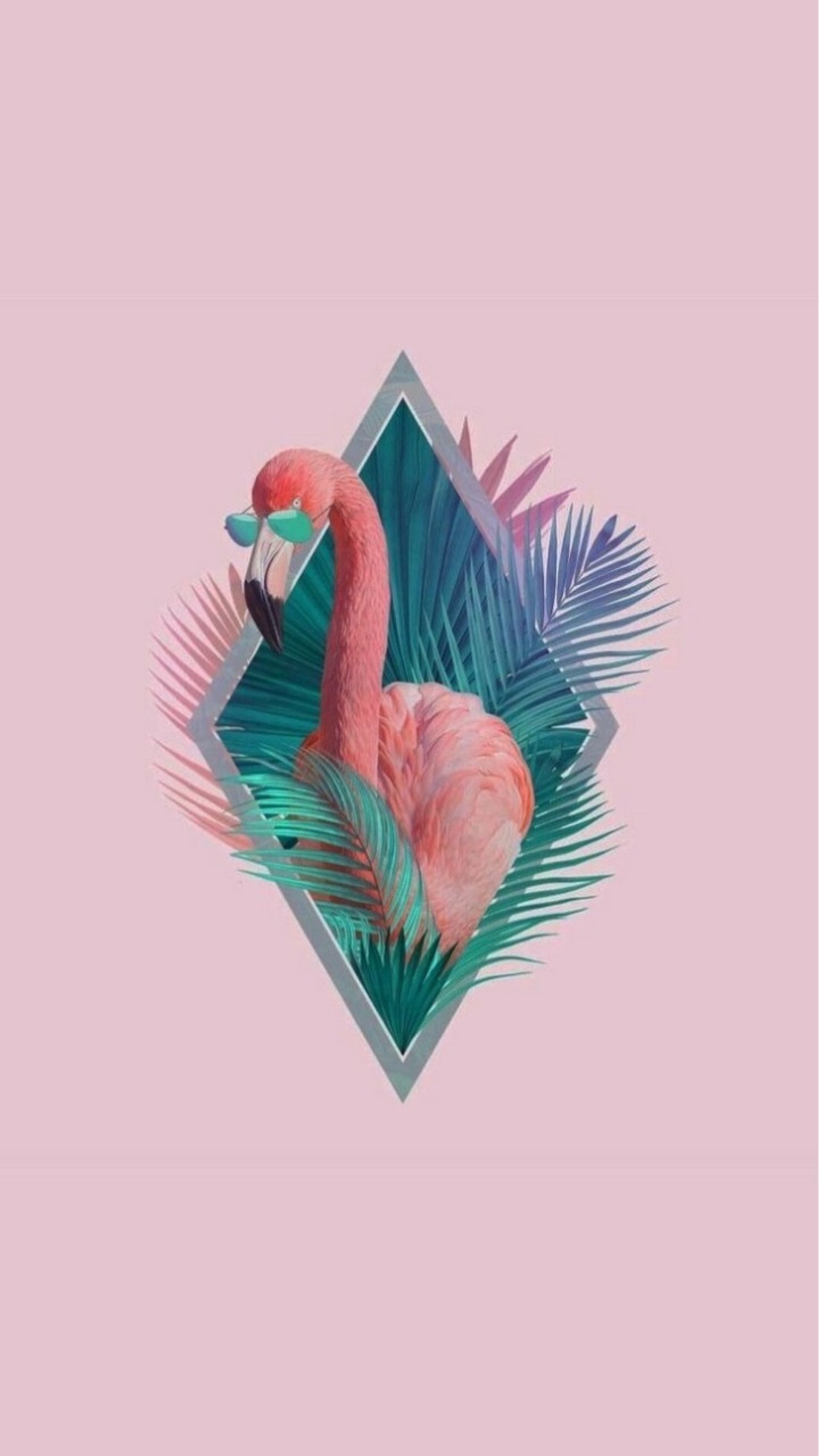 A pink flamingo with palm leaves and a diamond shaped frame (animal, art, design, flamingo, pink)