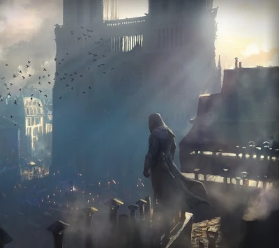 Arno Dorian surplombant Paris depuis un toit dans Assassin's Creed Unity.