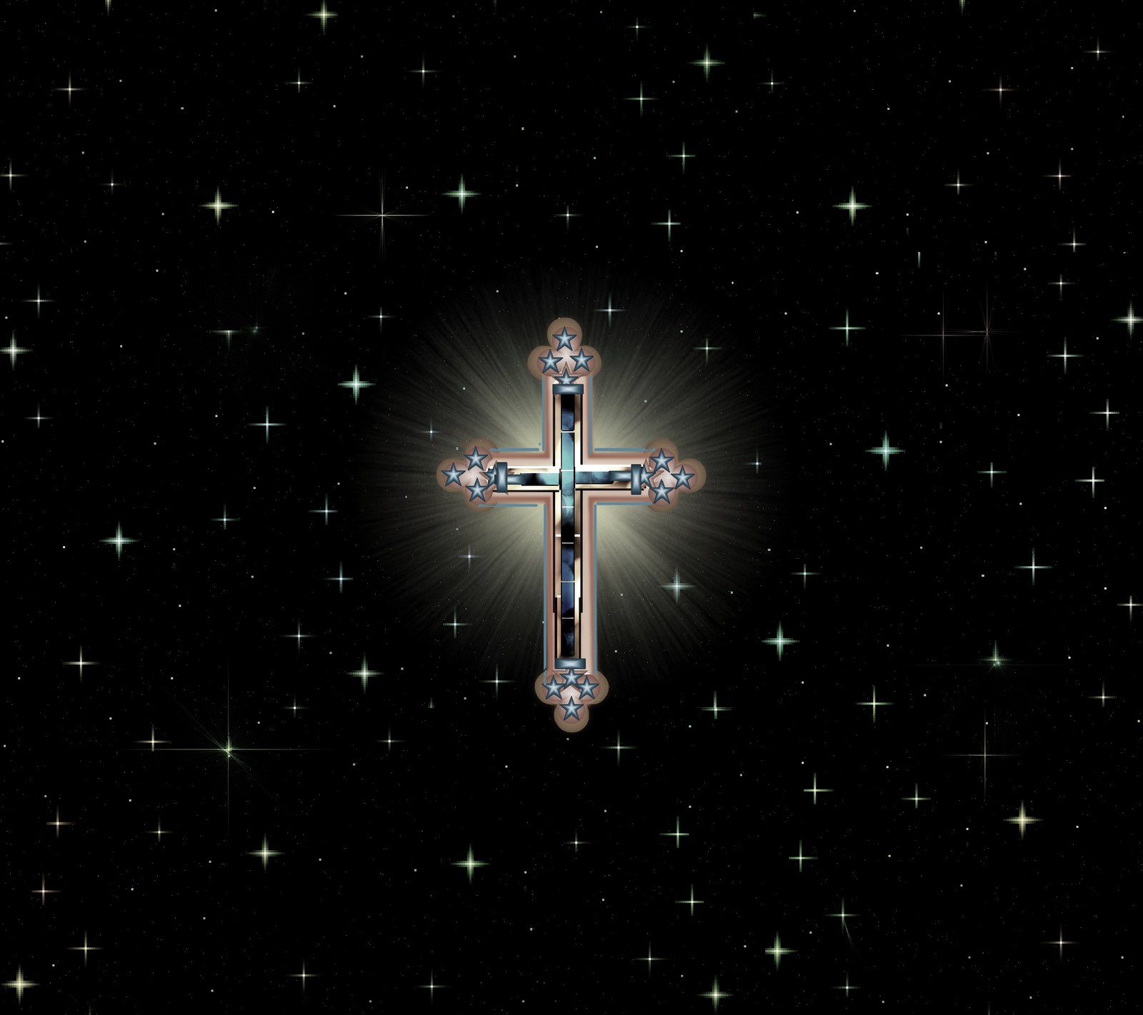 A close up of a cross with a star in the background (cross, design, night, star)