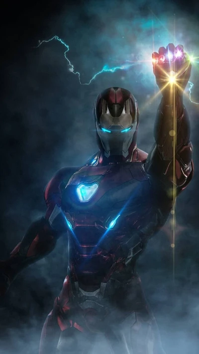 Iron Man manie le Gant de l'Infini au milieu du tonnerre et de la fumée