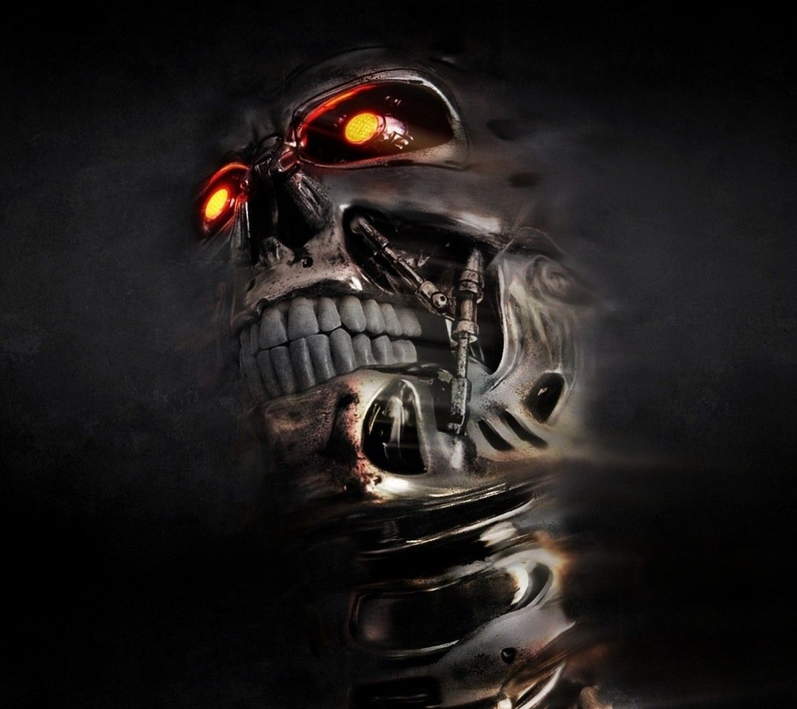 A close up of a skull with glowing eyes and a black background (black, connor, movie, robot, skynet)