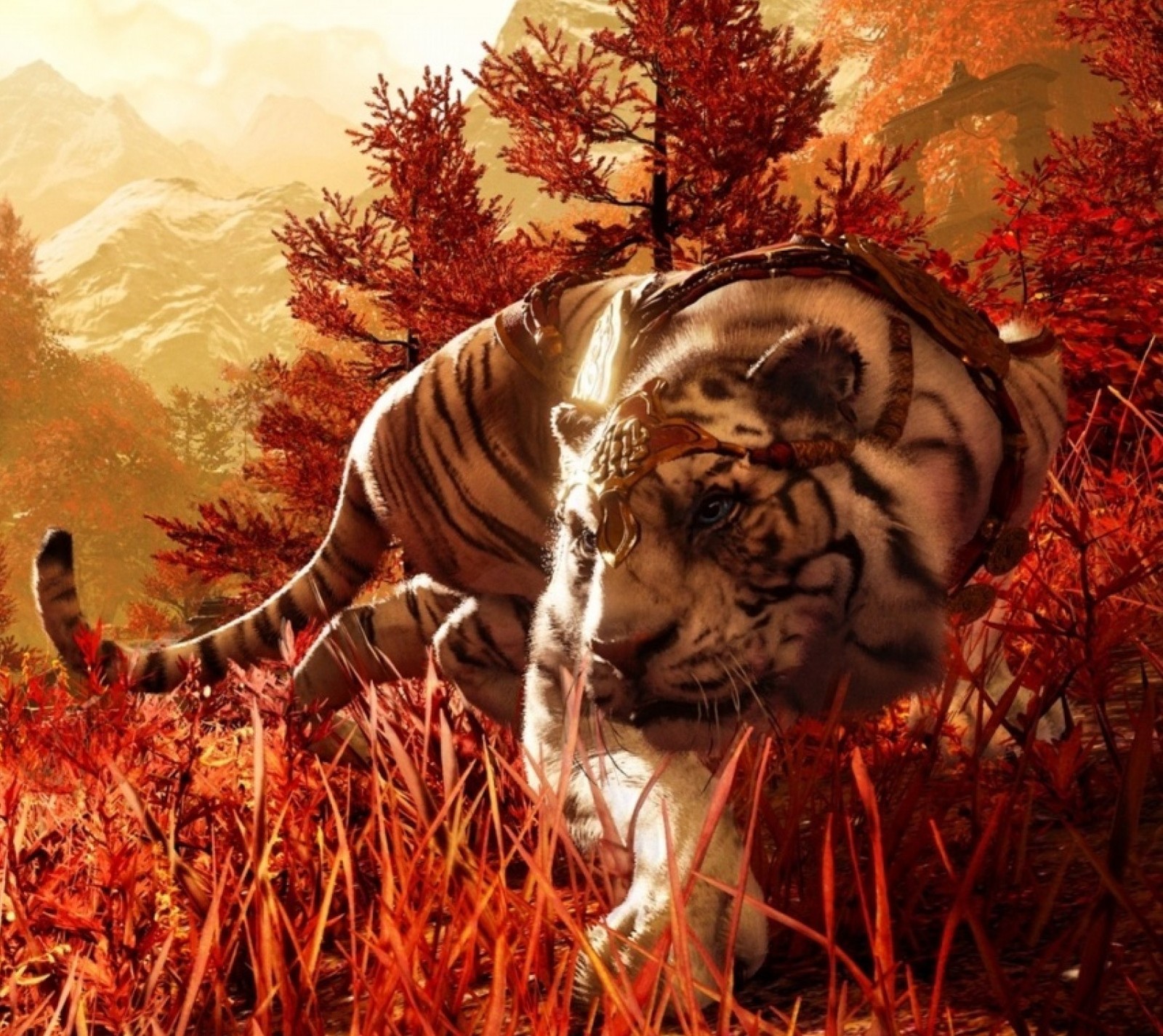 Um tigre e um gato na natureza com folhas vermelhas e montanhas ao fundo (far cry, far cry 4, shangri la, tigre)