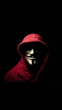 Anonymer Hacker in rotem Hoodie und Maske