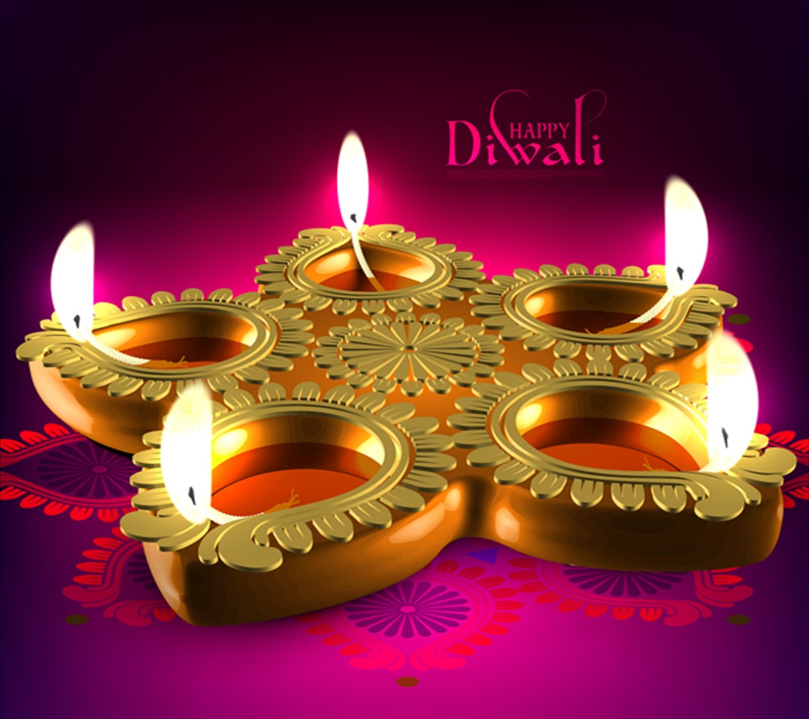 A close up of a diya with lit candles on a purple background (dewali, festival)