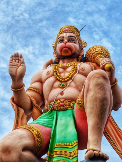 Statue of Hanuman, the revered Hindu deity, depicted with intricate details against a blue sky.