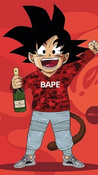 Um personagem de desenho animado vibrante vestindo um hoodie vermelho da BAPE, segurando uma garrafa de champanhe e celebrando com uma pose animada contra um fundo vermelho ousado.