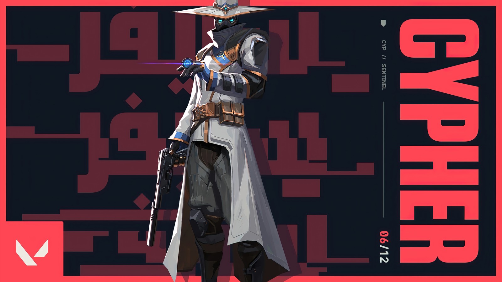 A poster of a man in a white coat and a hat with a sword (cypher, valorant, video game)