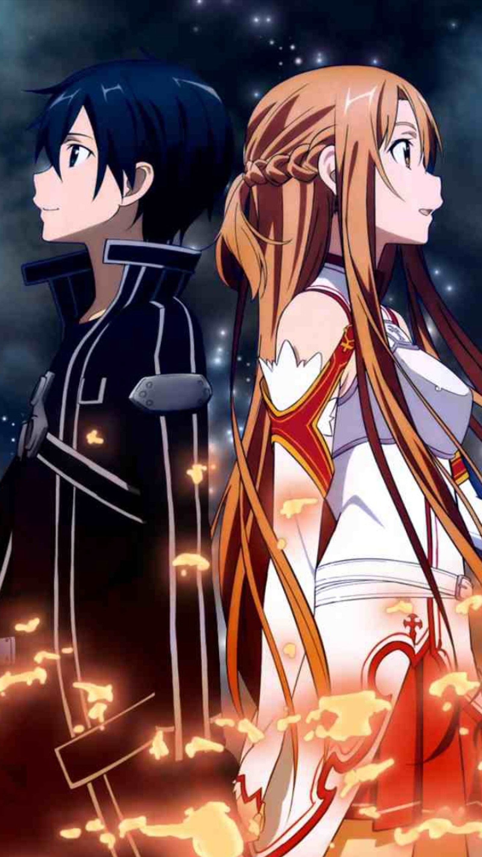 Anime-charaktere stehen vor einem feuer mit einem himmelshintergrund (asuna, kirito, schwert, kunst, online)