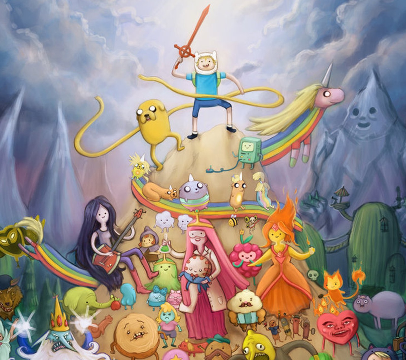 Des personnages de dessin animé se rassemblent autour d'un énorme tas de choses (aventure, cartoon, distribution, finn, jake)