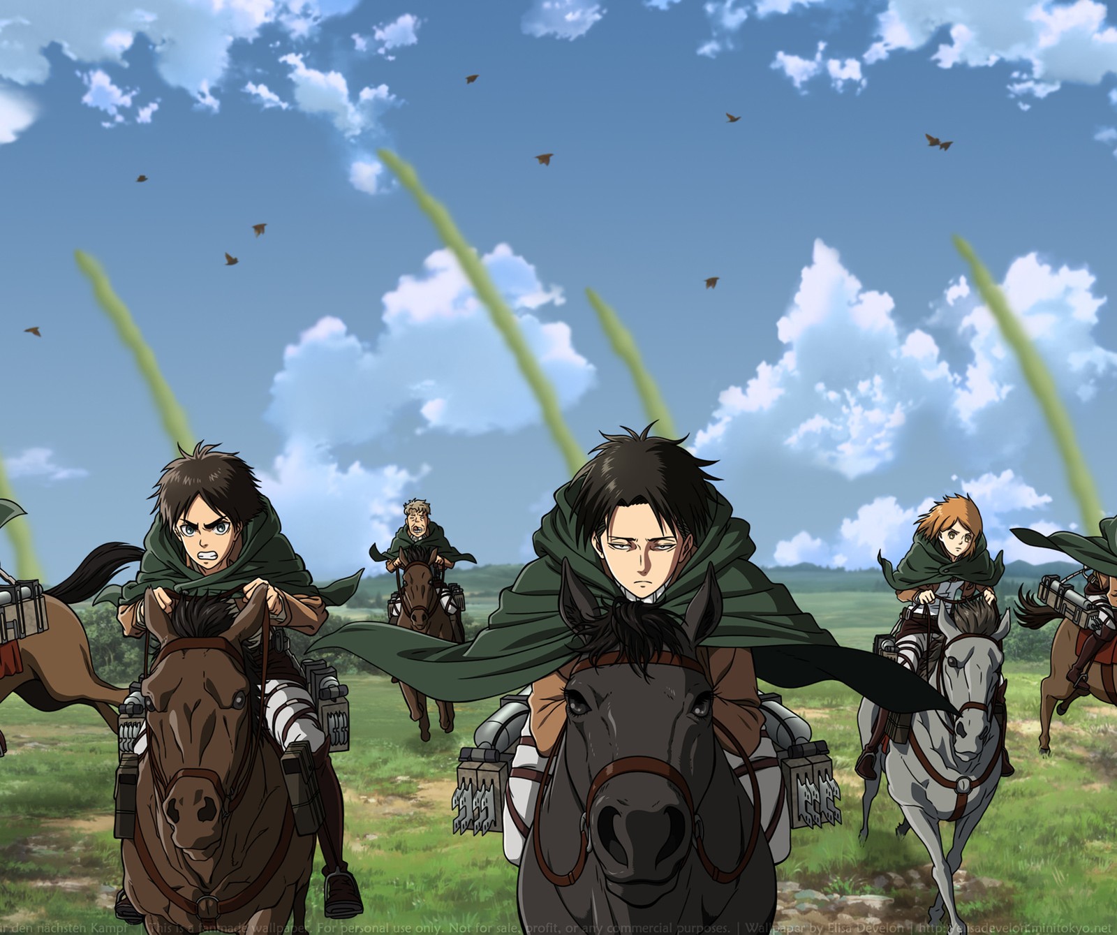 Personnages d'anime chevauchant des chevaux dans un champ avec un fond de ciel (kyojin, non, shingeki)