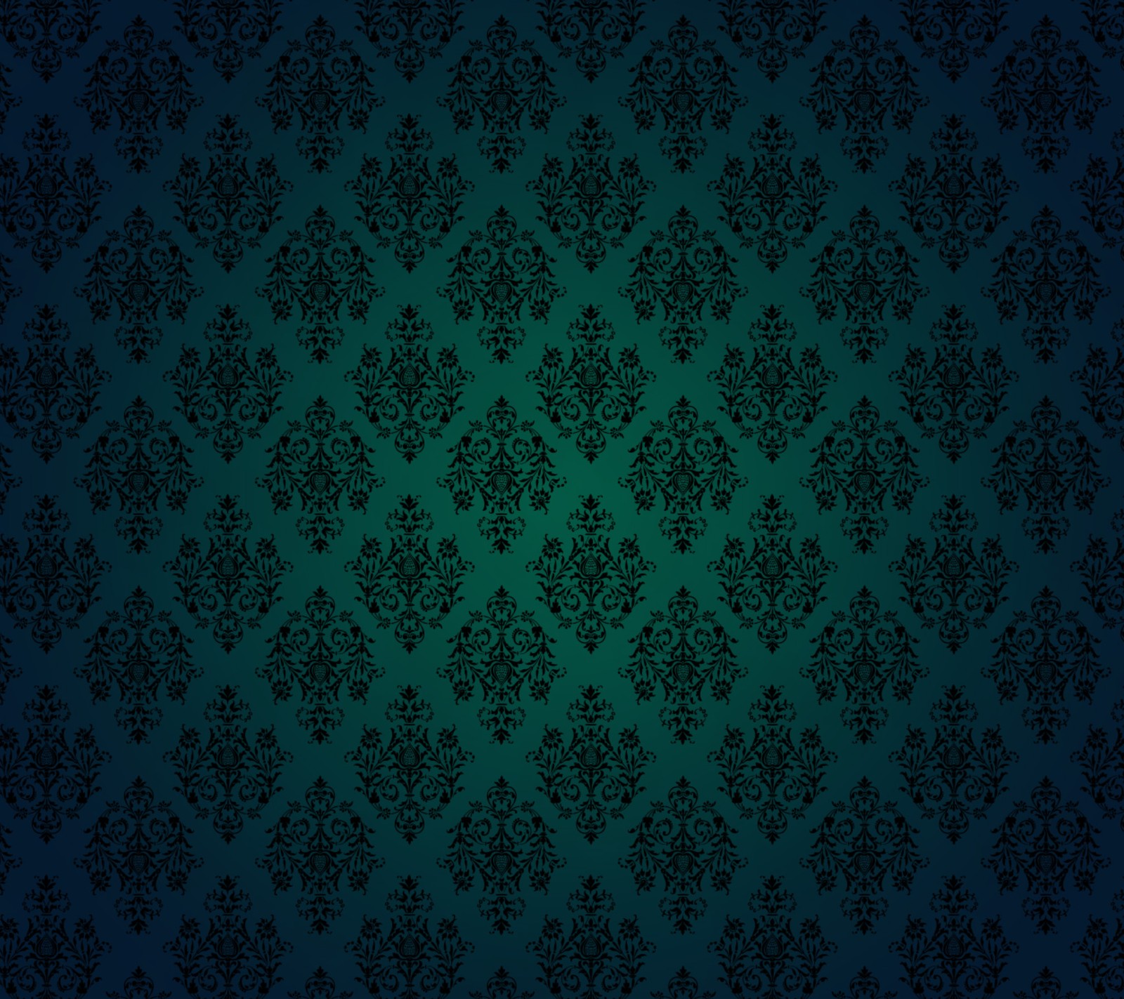 A dark green and black wallpaper with a pattern of flowers (applique, blue, bright, design, green)