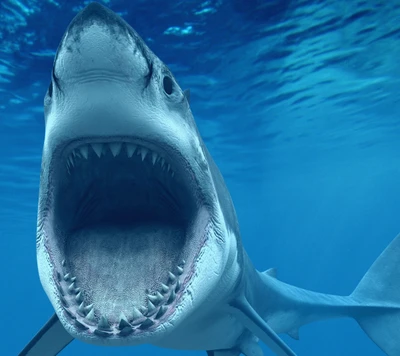 Tiburón majestuoso con la boca abierta en aguas oceánicas claras