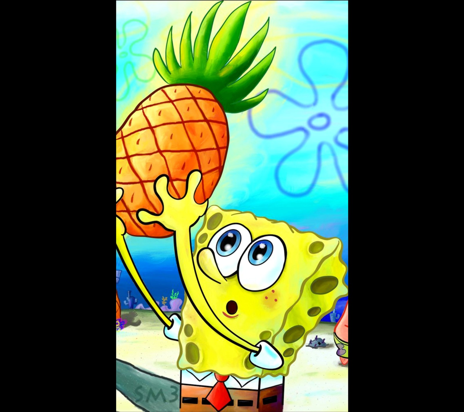 Spongebob holding a pineapple on his head on the beach (bob, cartoon, cool, cute, fun)