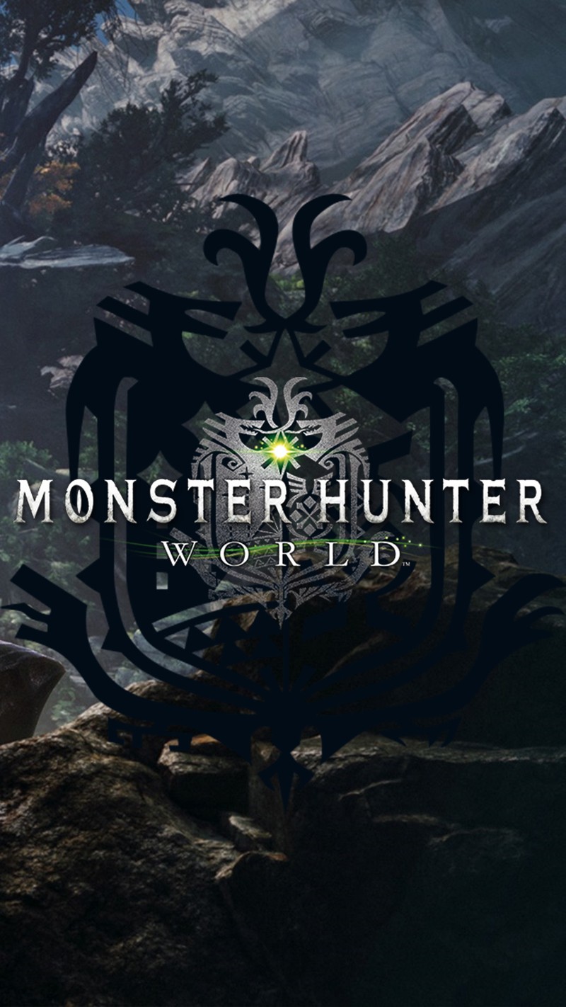 Логотип monster hunter world на темном фоне с горой на заднем плане (4k, чёрный, дизайн, игры, зелёный)