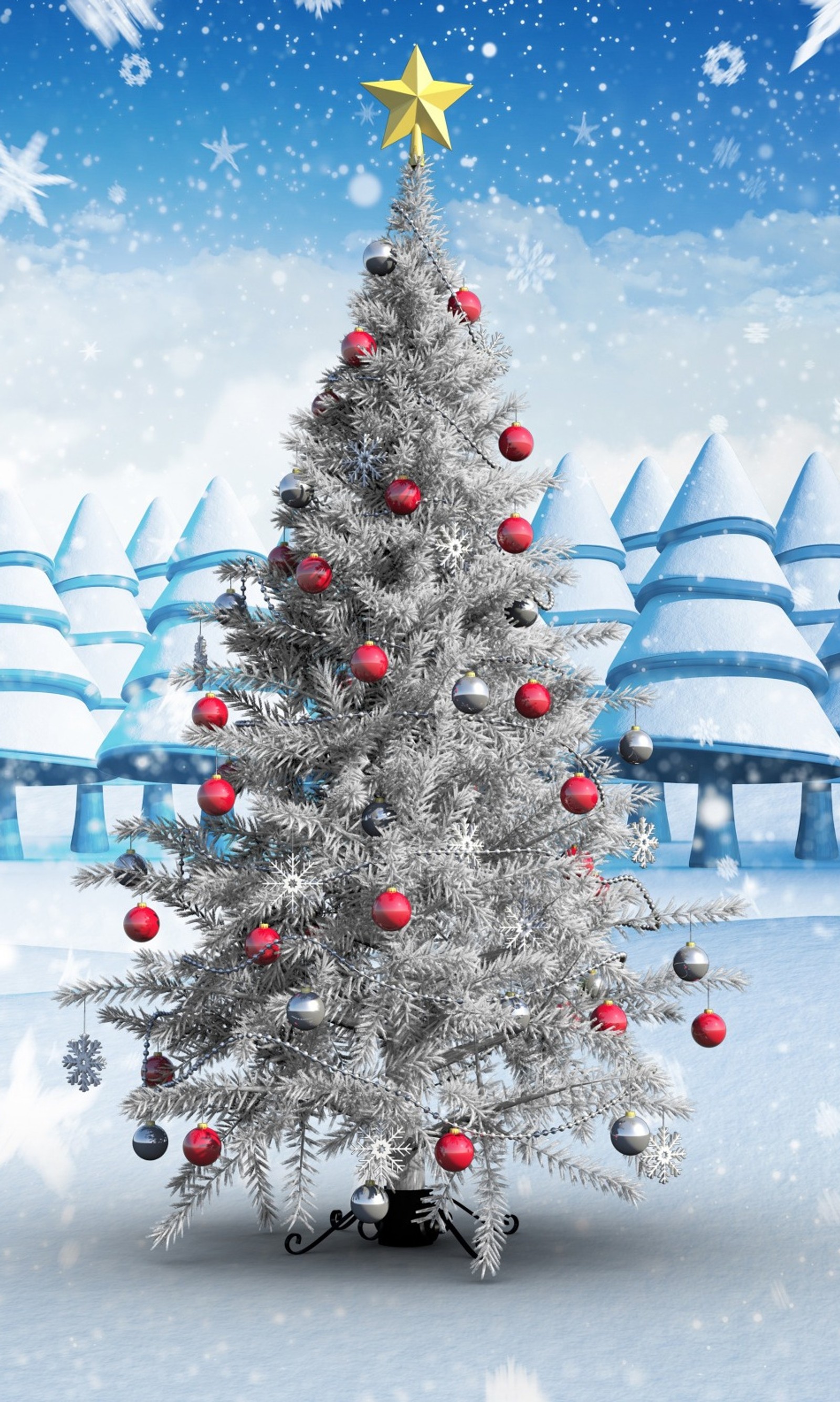 Arafed christmas tree with red and silver ornaments in a snowy landscape (happy, new, year)