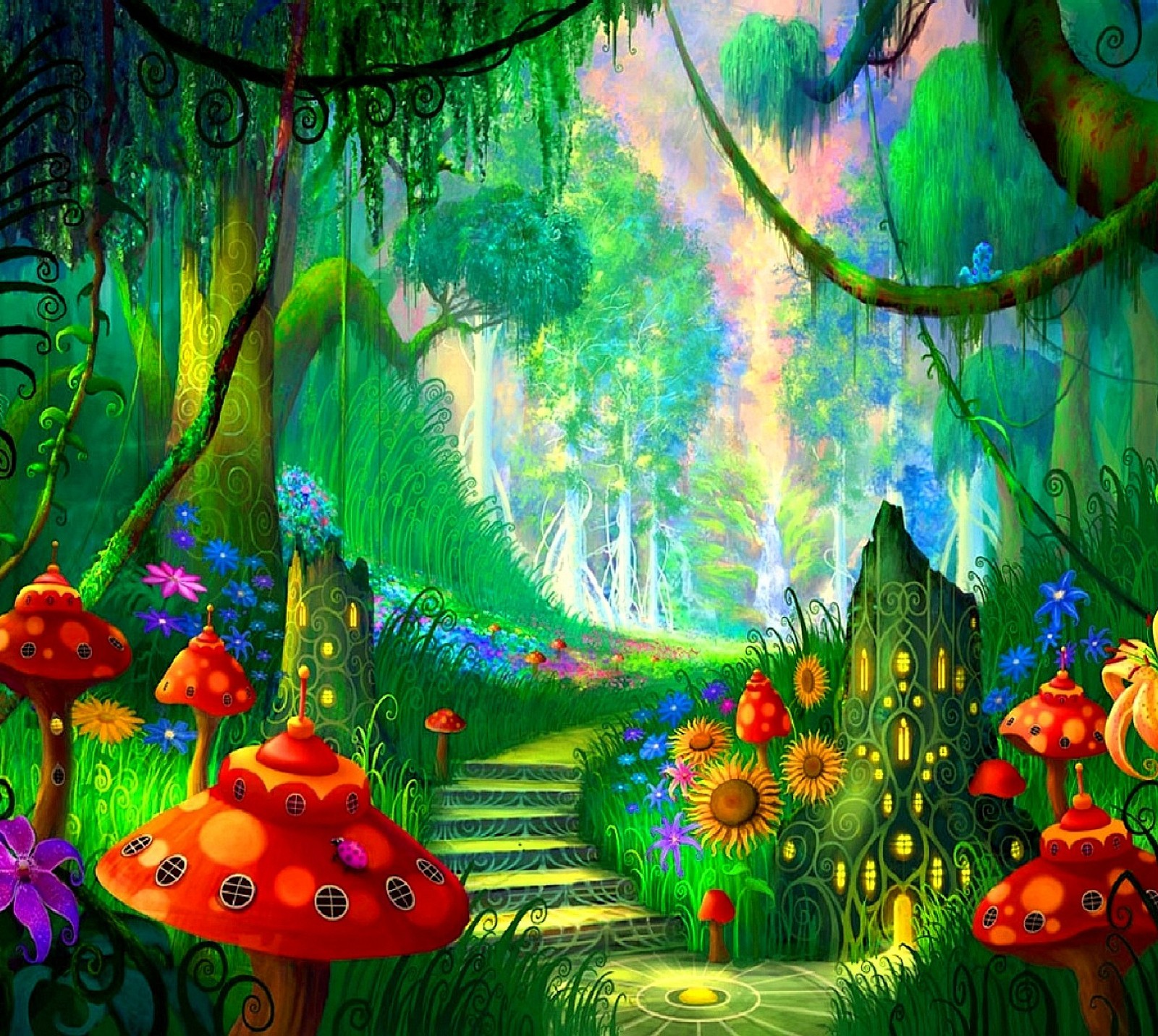 A painting of a fantasy forest with lots of mushrooms and flowers (fantasy)