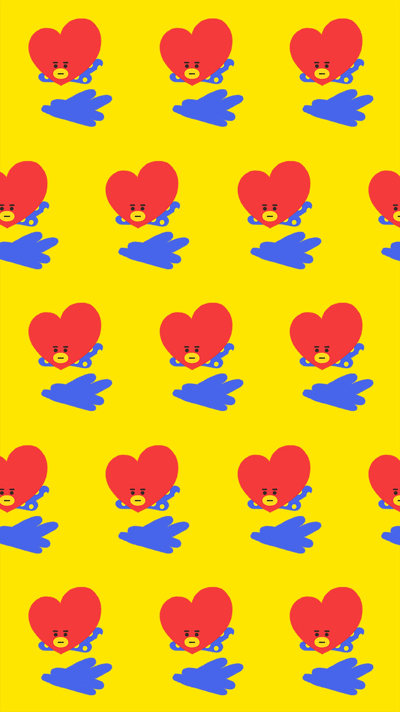 Fundo amarelo com um coração vermelho e mãos azuis (bt21, bts, tata)