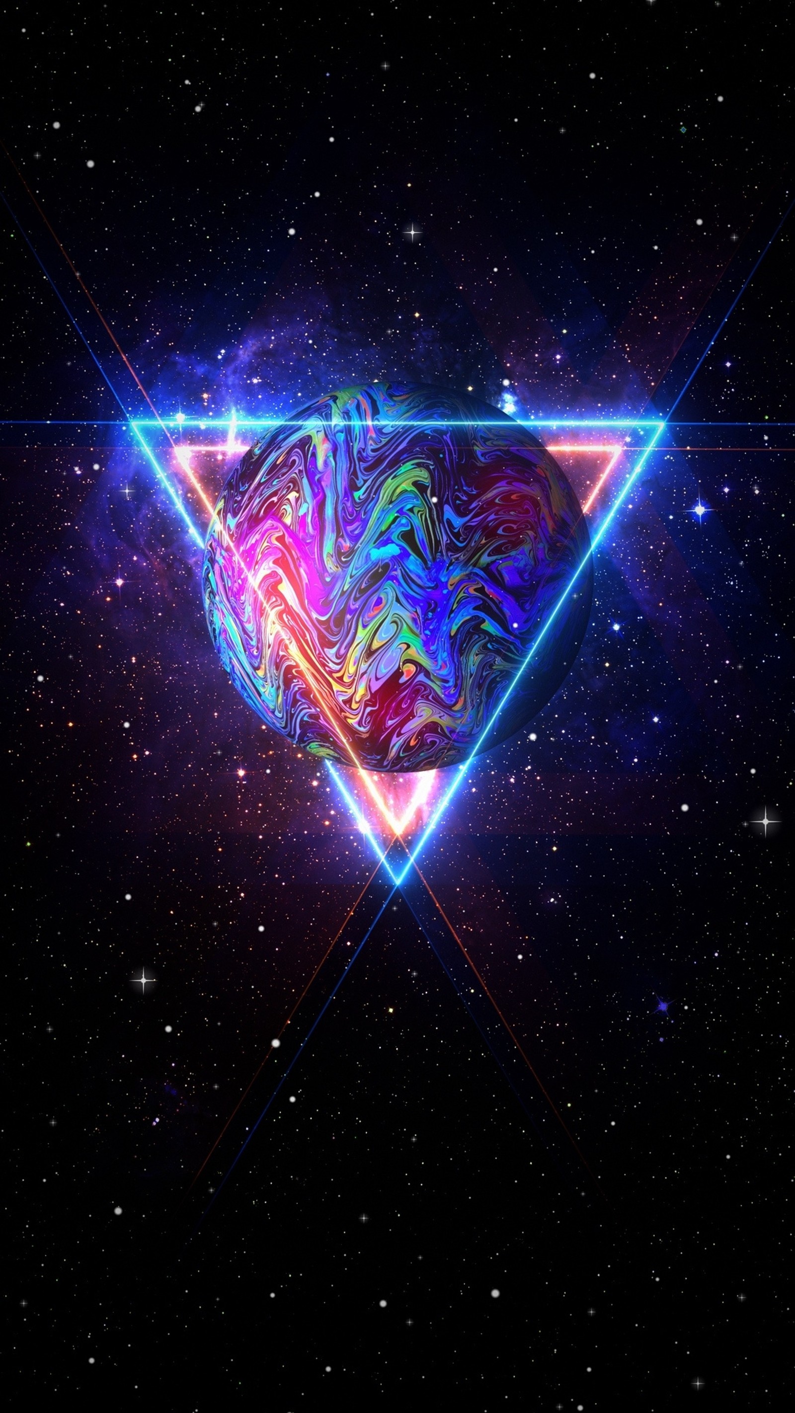 A close up of a triangle with a neon light in the middle (planet, triangle)