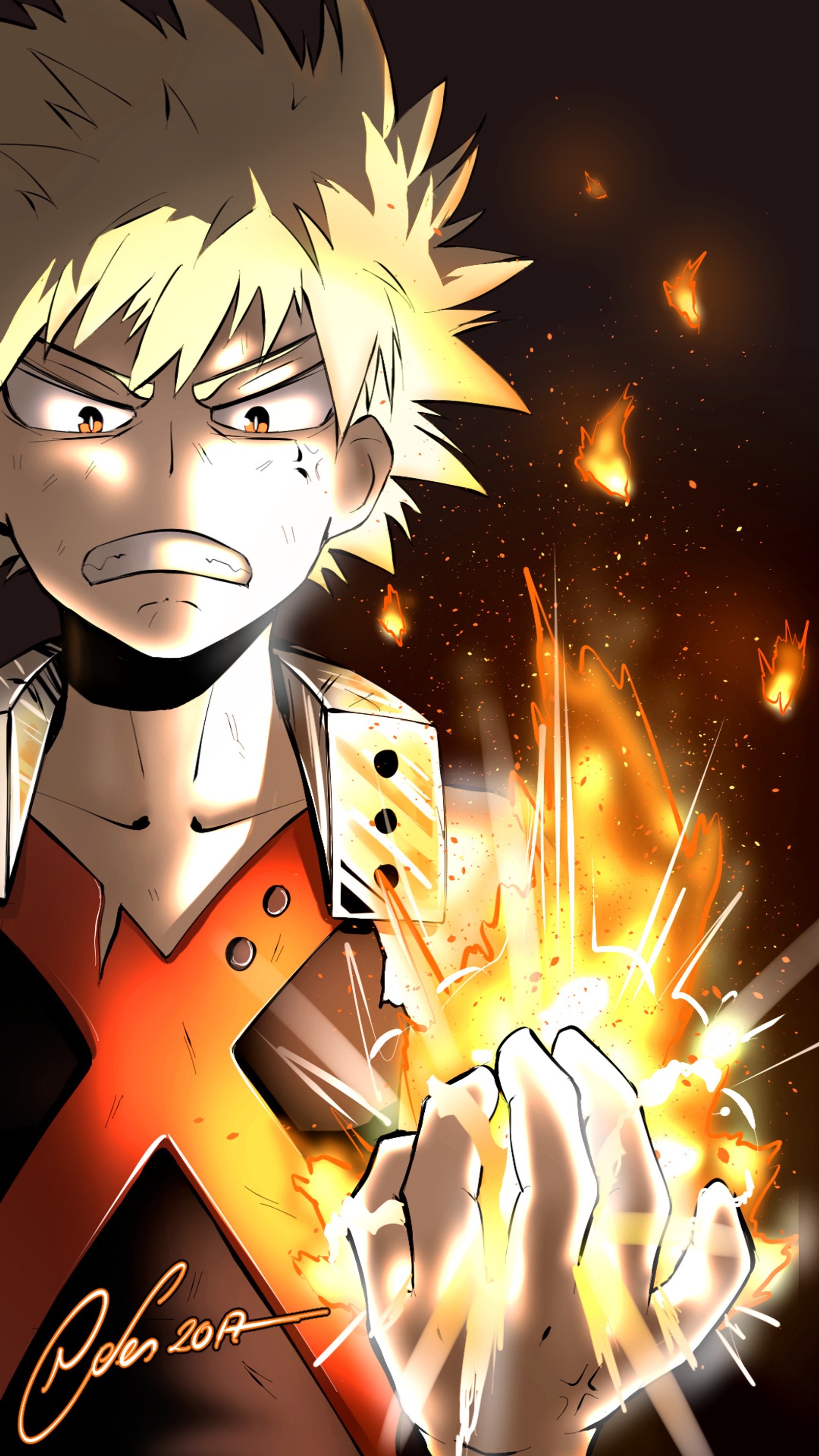 Personagem de anime com uma espada e fogo ao fundo (academia, anime, bakugo, boku, herói)