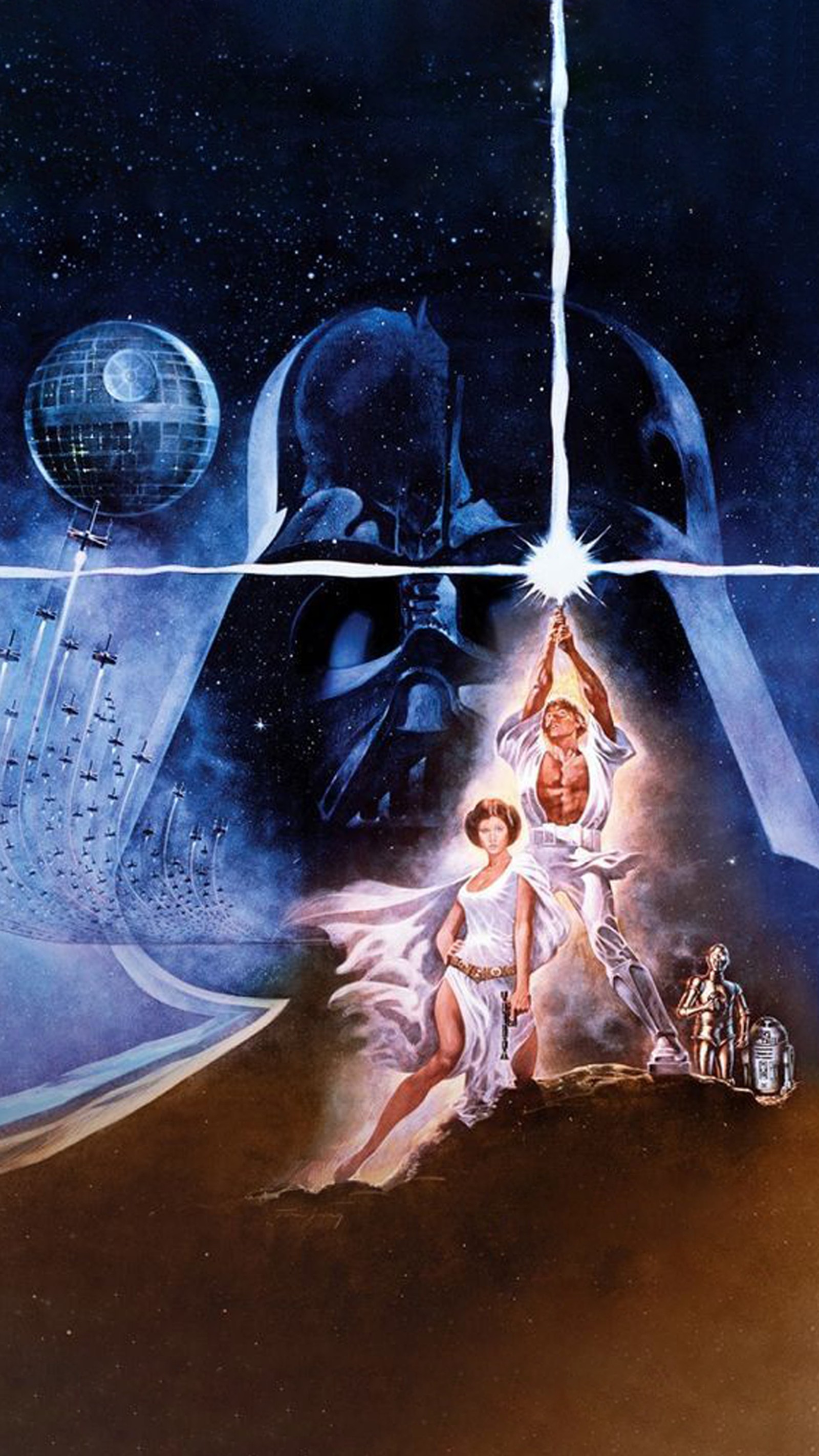 A painting of a star wars scene with a woman and a man (star wars, star wars episode iv a new hope, luke skywalker, poster, film poster)