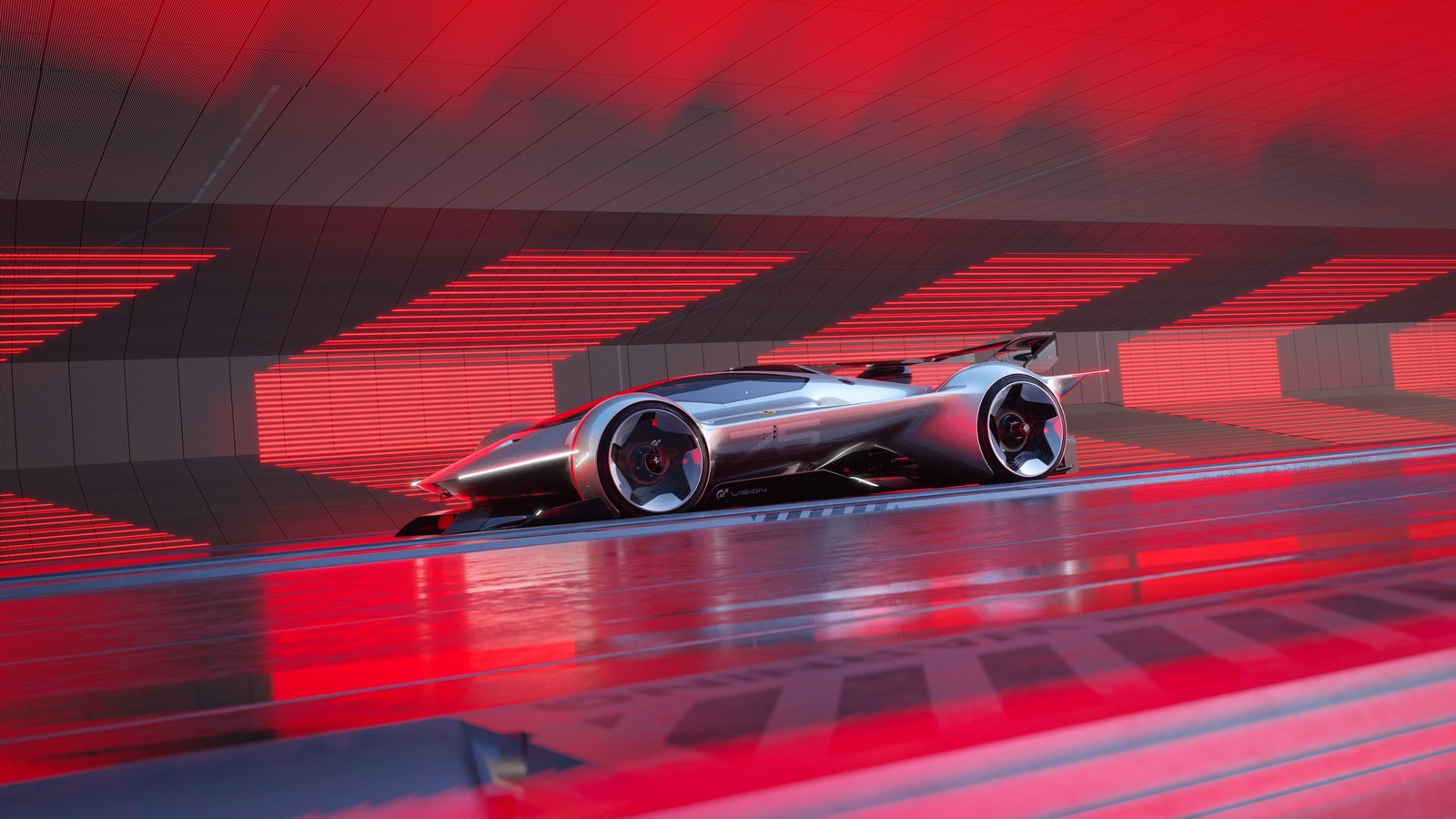 Une voiture futuriste est montrée dans une lumière rouge (ferrari vision gran turismo, voitures de course hybrides, gran turismo 7, 5k, voitures)