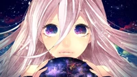 Anime-Mädchen mit violetten Augen in kosmischen Tränen