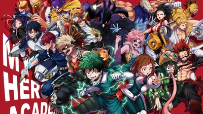 Conjunto épico de personajes de My Hero Academia en acción