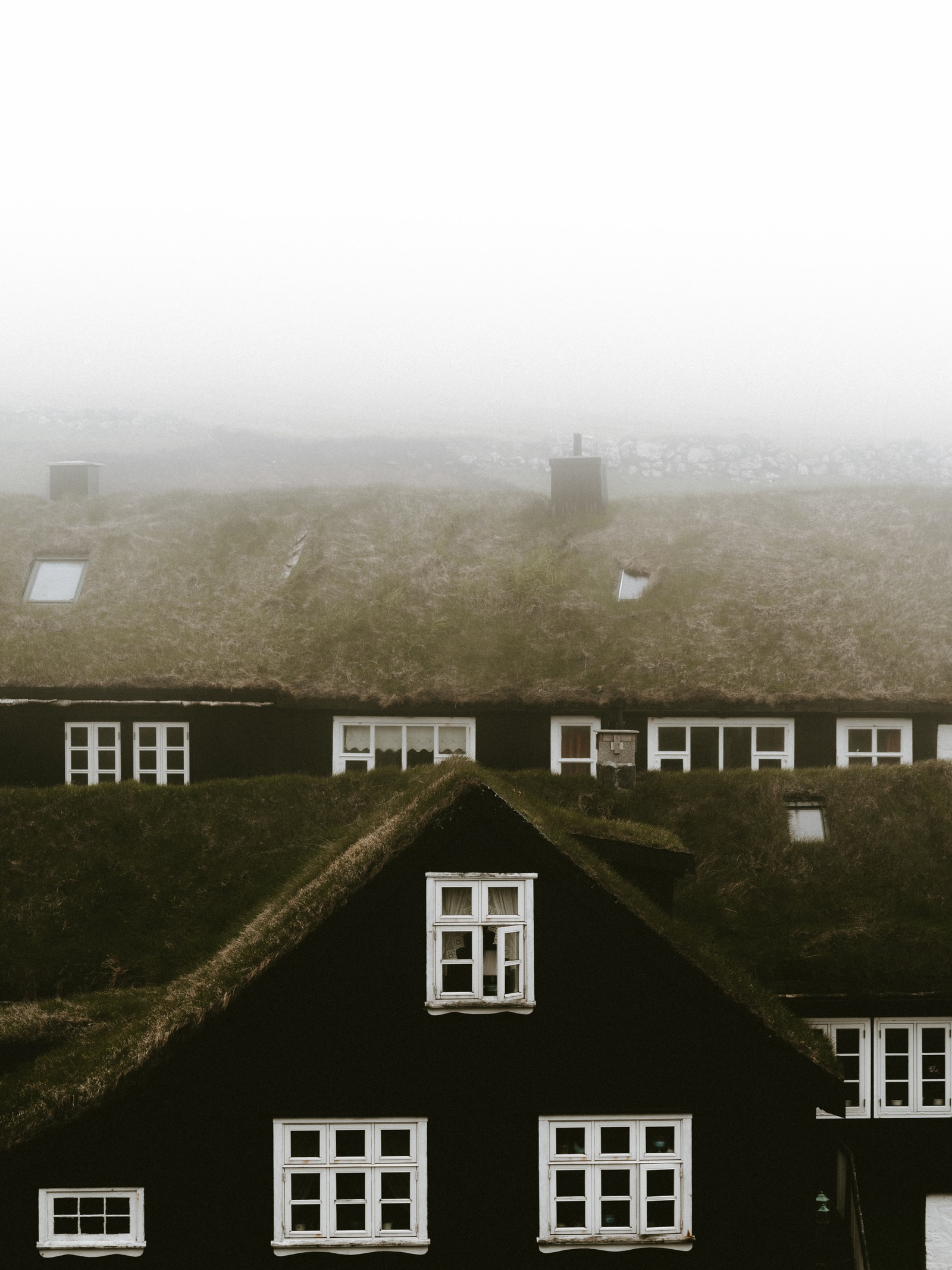 Il y a de nombreuses fenêtres sur le toit d'un bâtiment (architecture, texte, matin, brume, maison)