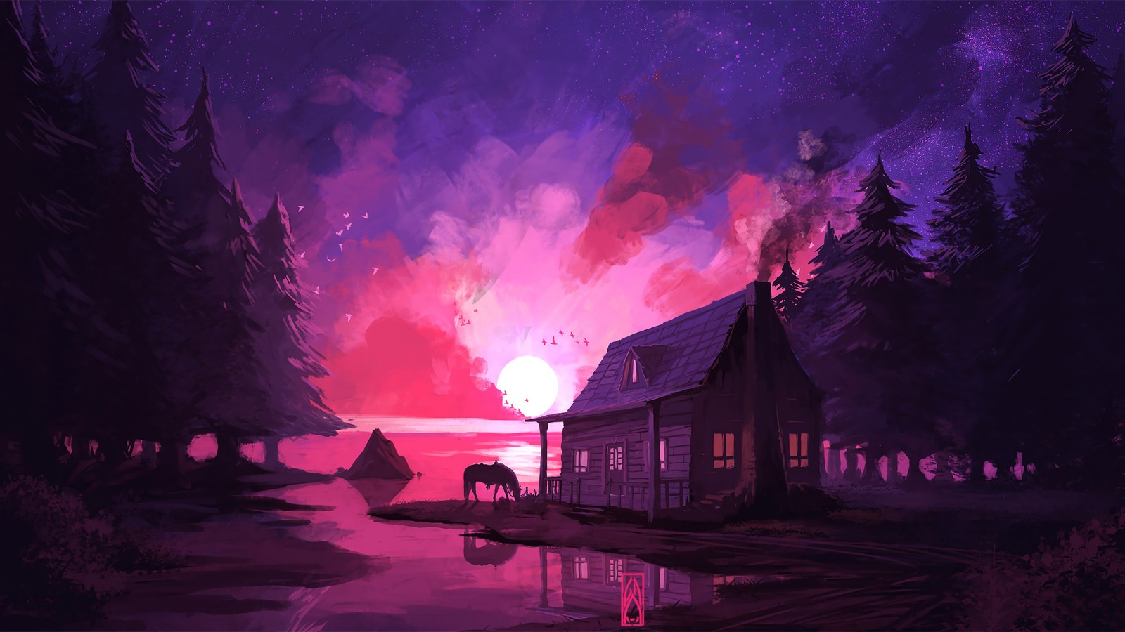 Uma pintura de uma cabana na floresta com um lago e um pôr do sol (cabine, floresta, flúmen, arte digital)