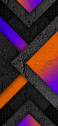 Bunte geometrische Muster mit orangefarbenen und lila Akzenten auf dunklem strukturiertem Hintergrund