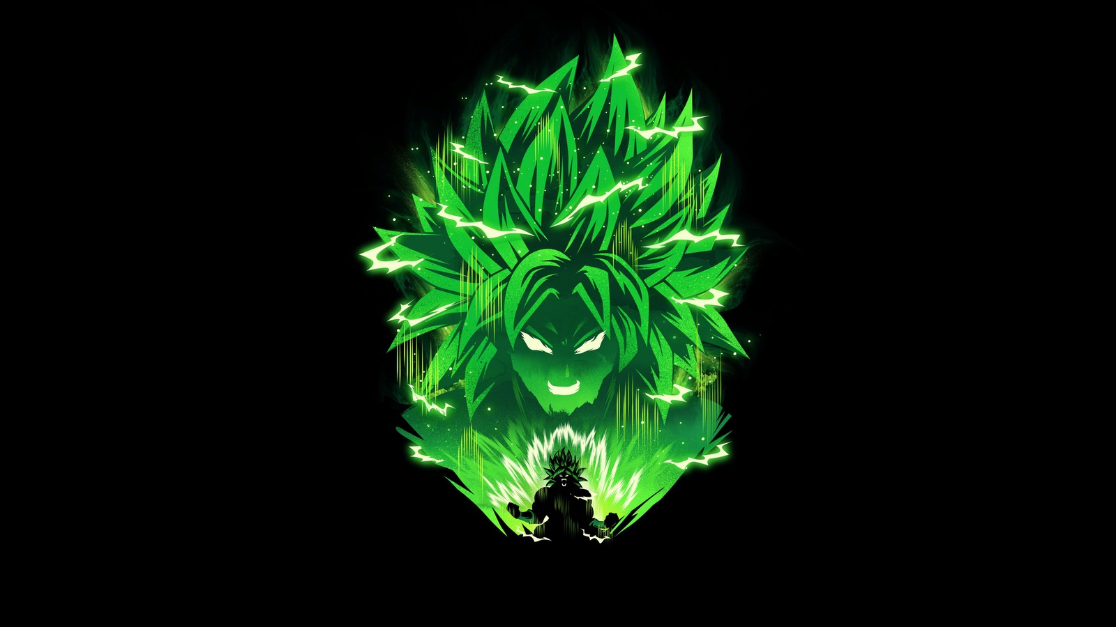 A green dragon head with glowing green leaves on a black background (broly, dragon ball z, black background, anime, 4k wallpaper)