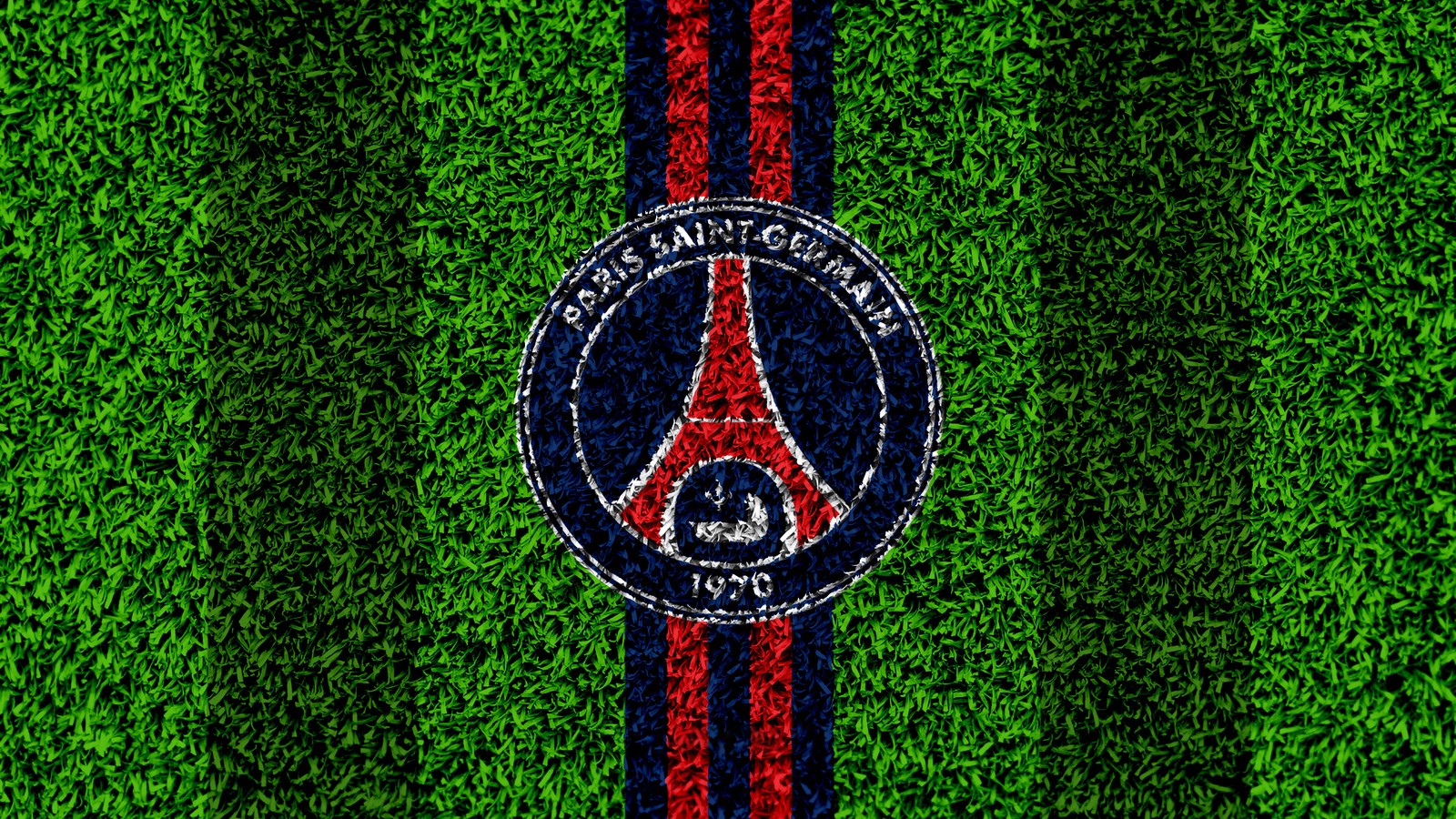 Скачать обои пари сен жермен, paris saint germain, пейзаж, зеленая трава, логотип