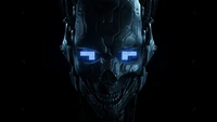 Futuristic Robot Head with Glowing Blue Eyes