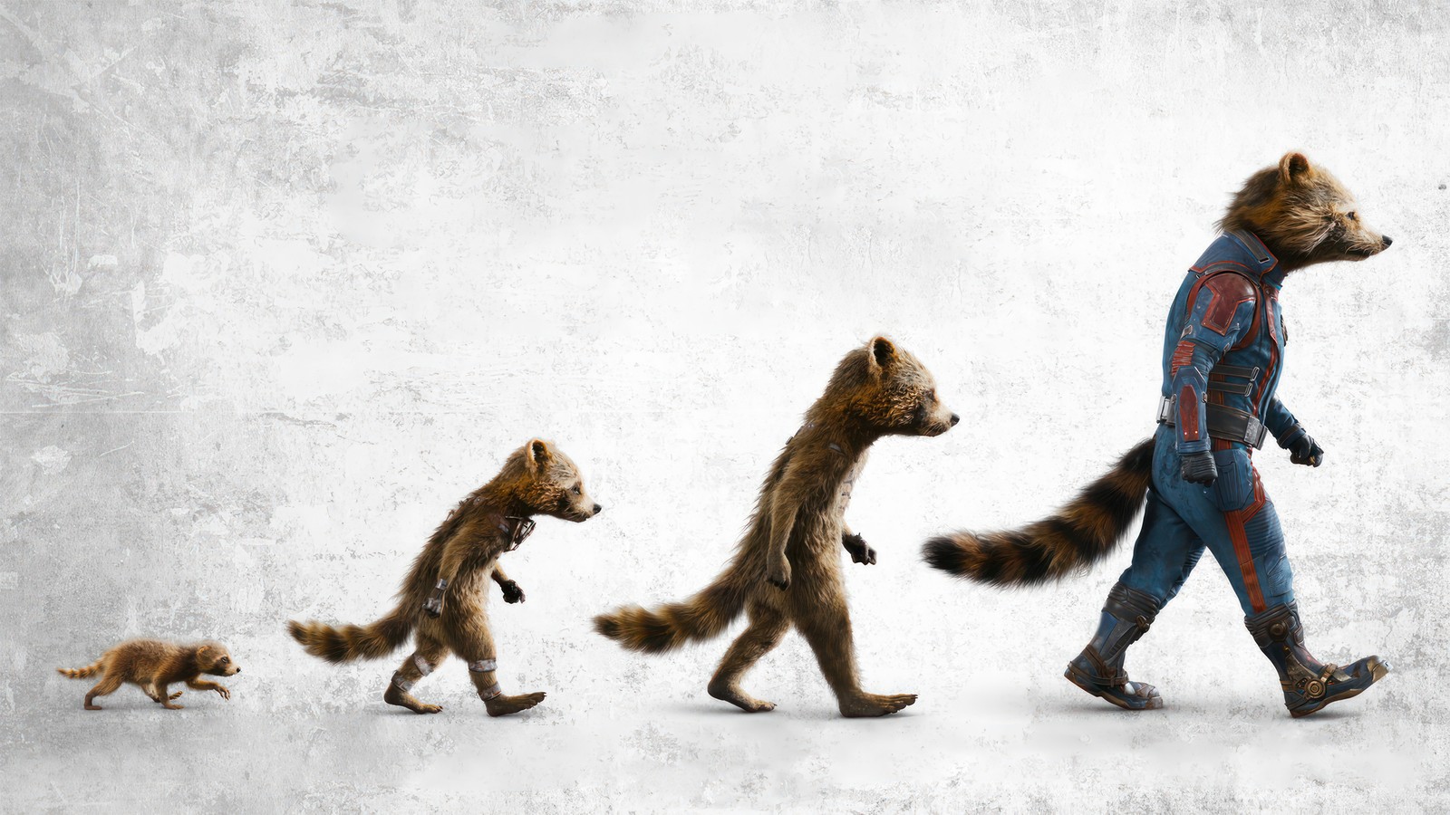 Um grupo de animais caminhando ao longo de uma parede branca com um homem de terno (rocket raccoon, evolução, guardians of the galaxy vol 3, filme, marvel)