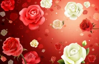 Design floral vibrant avec des roses rouges et blanches sur un fond riche