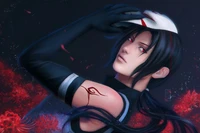 Itachi Uchiha dans une pose frappante, mettant en valeur ses longs cheveux et son masque emblématique, entouré de fleurs rouges et d'une aura de mystère.