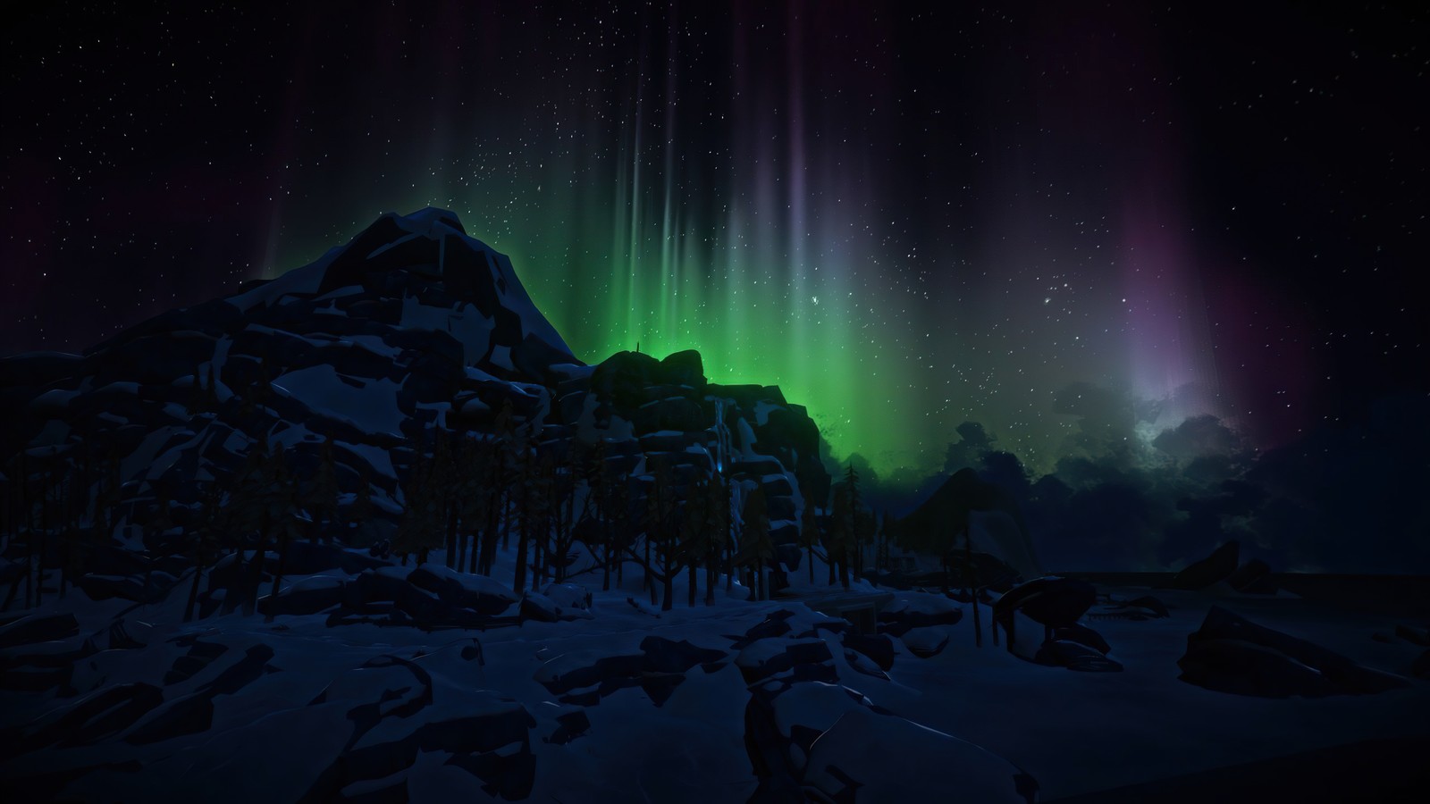 Uma aurora boreal verde e roxa sobre uma montanha coberta de neve (auroras boreais, aurora boreal, noite, cenário)