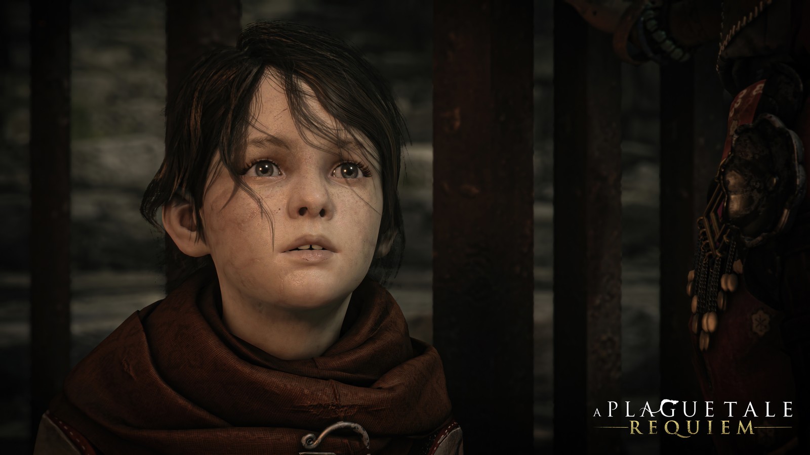 A woman in a brown scarf standing in front of a gate (a plague tale requiem, video game, hugo de rune)