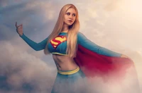 Cosplay de Supergirl: Uma modelo confiante em um traje azul com uma capa vermelha contra um céu nublado