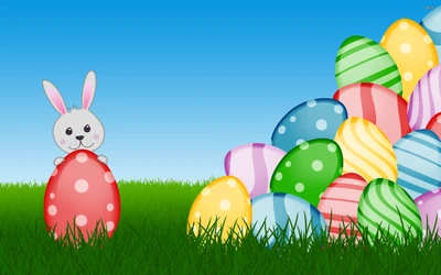 Easter Bunny Surrounded by Colorful Eggs in a Meadow