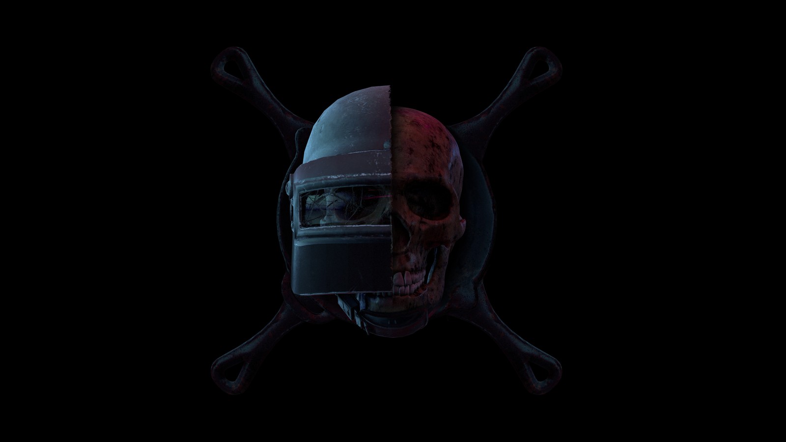 A close up of a skull wearing a helmet with crossed bones (pubg, pubg helmet, skull, black background, evil laugh)