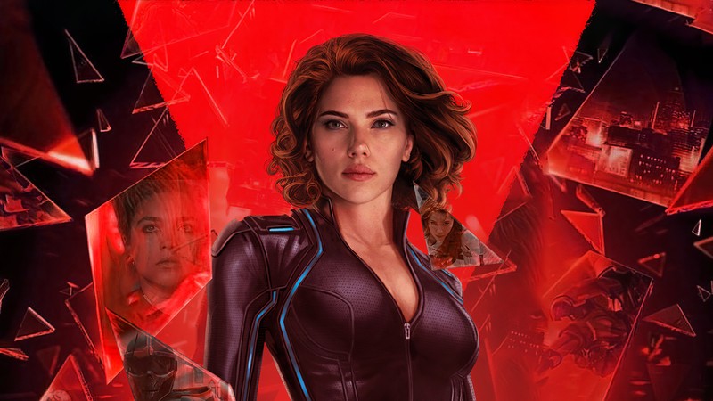 Женщина в черном кожаном костюме на красном фоне (черная вдова 2020, black widow 2020, фильм, постер, наташа романoff)